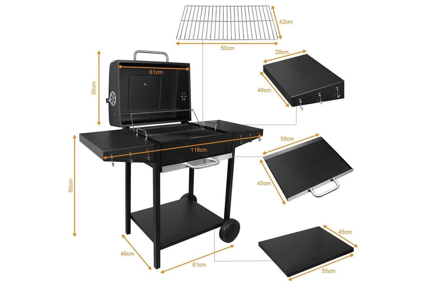 SunJas Holzkohlegrill XXL Grillwagen mit Deckel und Seitentisch - Bild 5