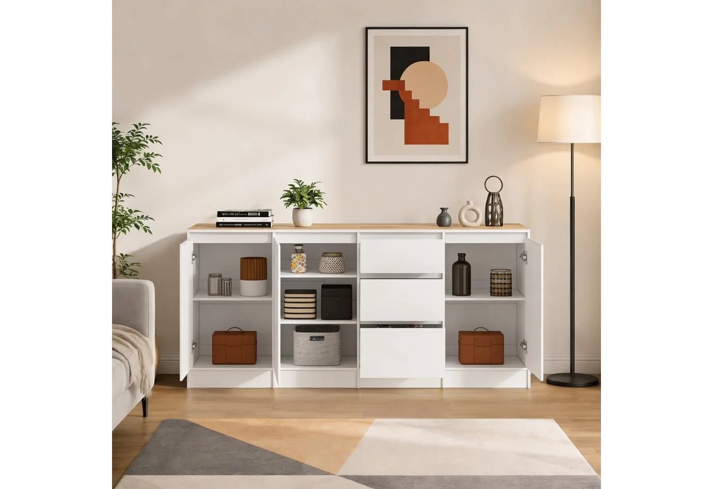 FUFU&GAGA Sideboard 3-Türiges 3-Schubladen Sideboard Weiß MDF