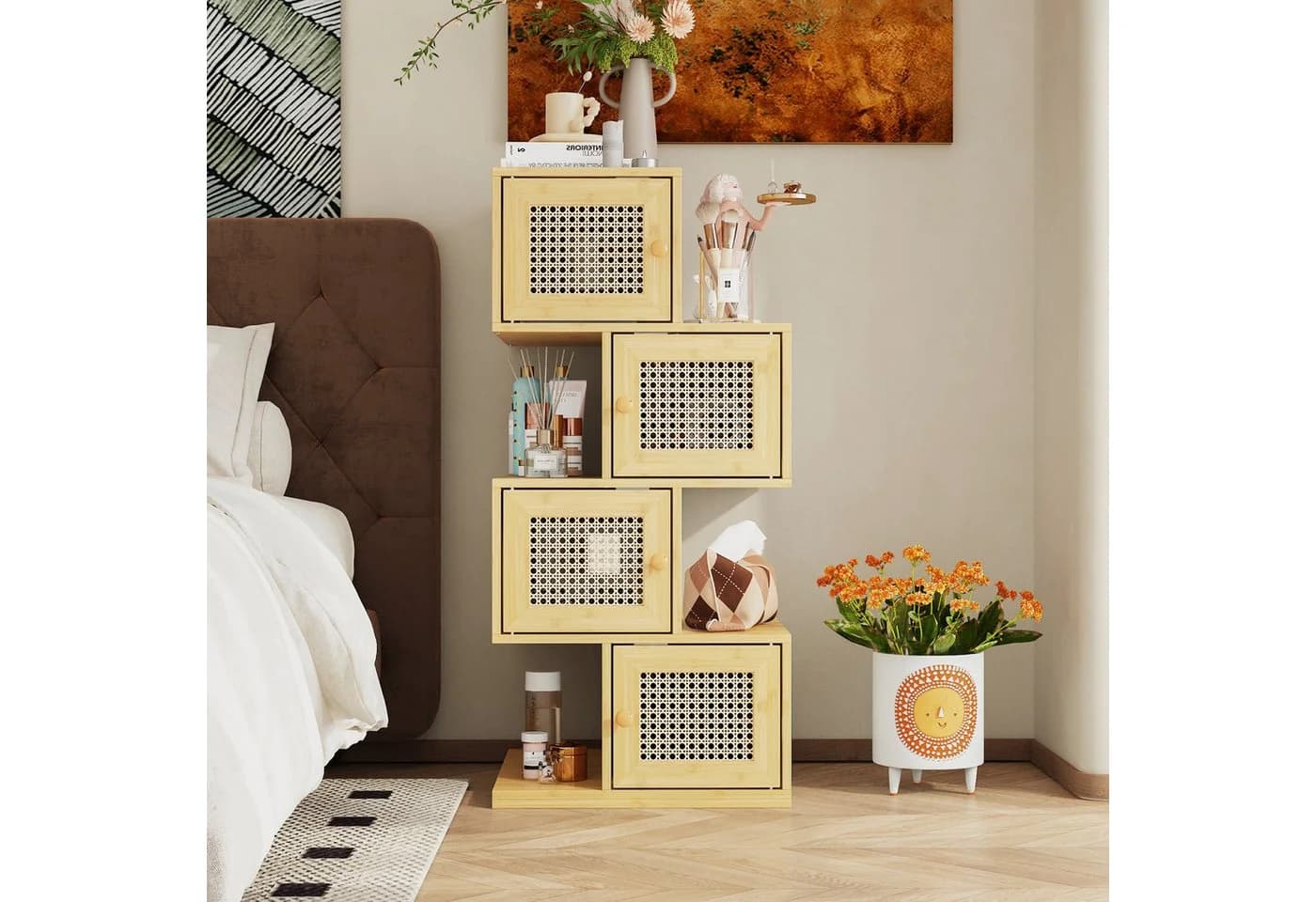FUFU&GAGA Sideboard mit 4 Türen Holzfarbe Rattan