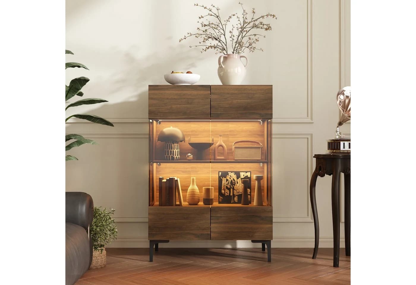 FUFU&GAGA Glasvitrine Moderner Vitrinenschrank Dunkelbraun mit LED-Beleuchtung