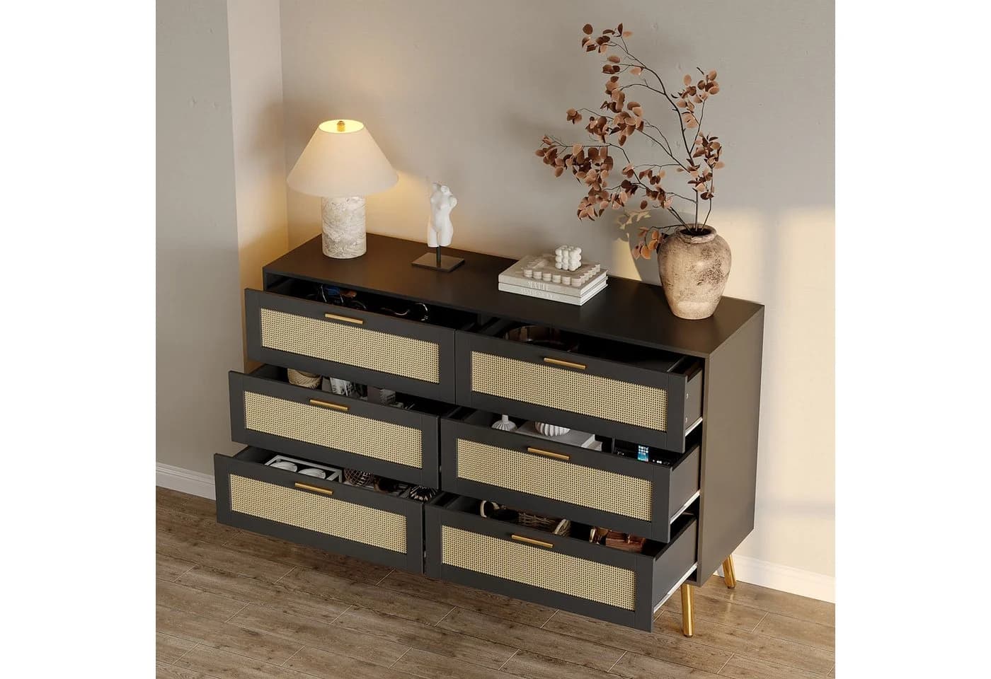 FUFU&GAGA Kommode 6 Schubladen Schwarz Rattan Gold