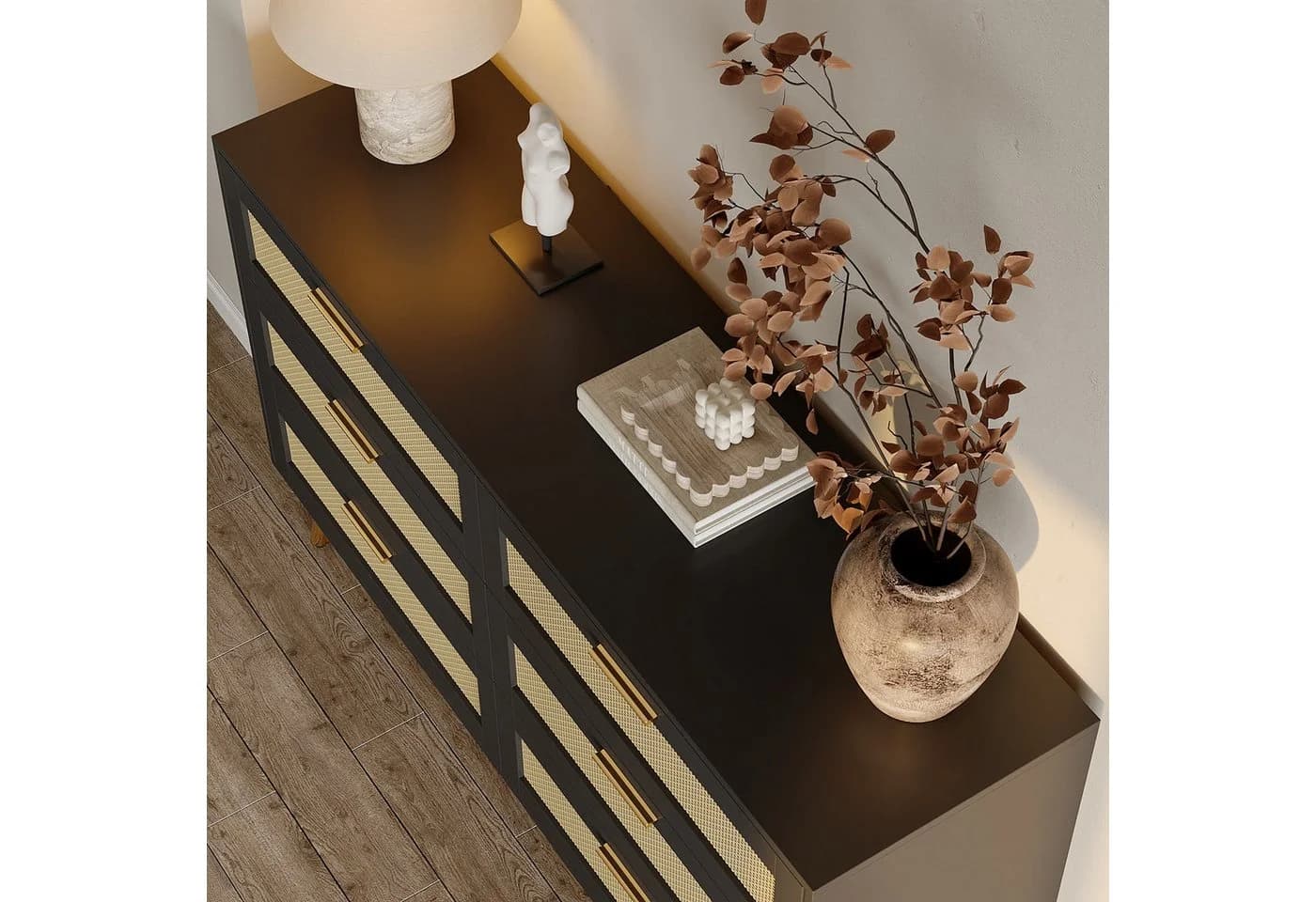 FUFU&GAGA Kommode 6 Schubladen Schwarz Rattan Gold - Bild 3