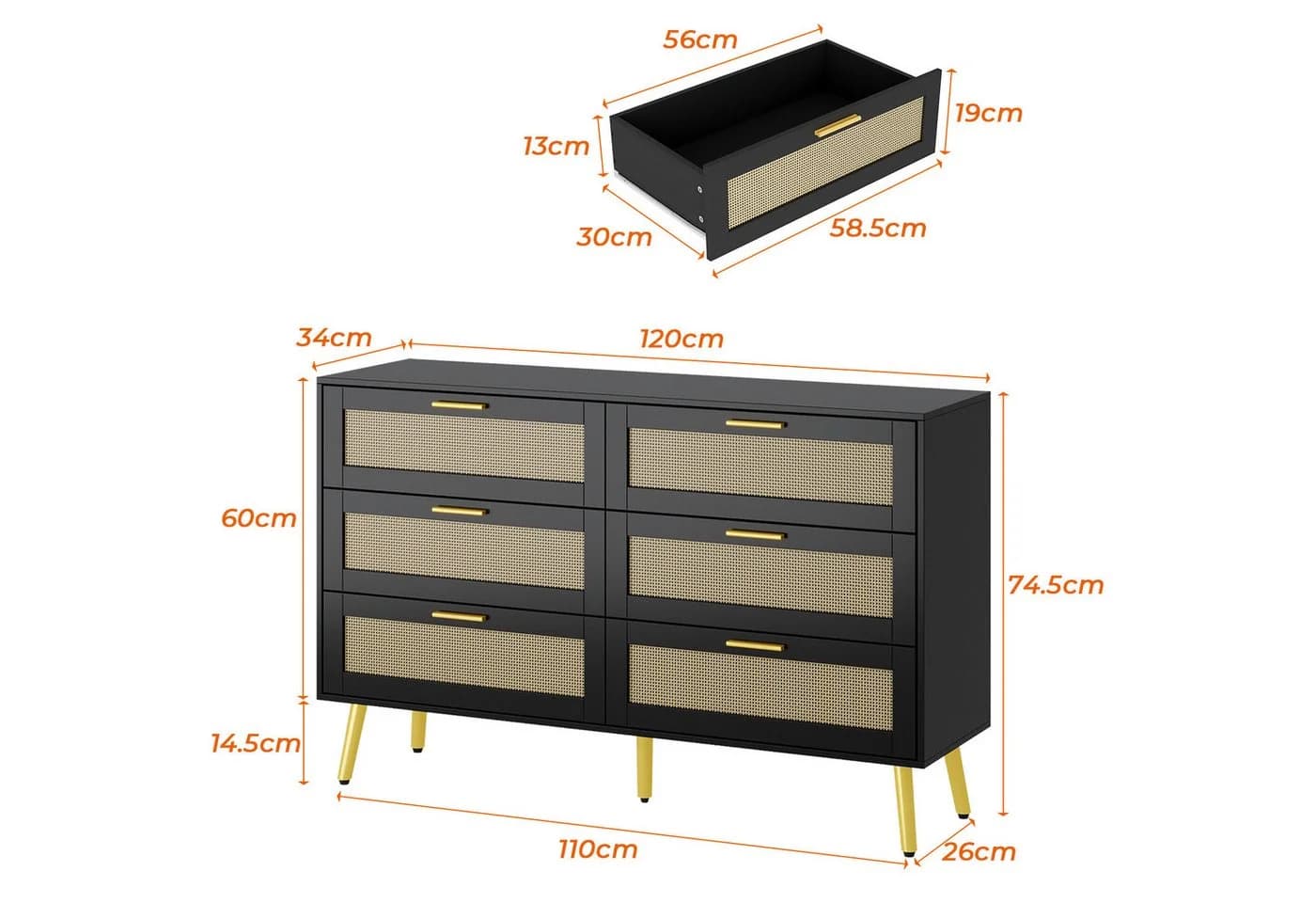 FUFU&GAGA Kommode 6 Schubladen Schwarz Rattan Gold - Bild 4