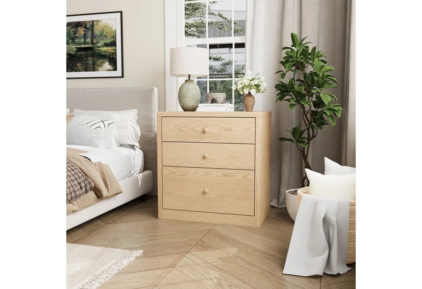 FUFU&GAGA Nachttisch mit 3 Schubladen und Geheimfach Beige MDF