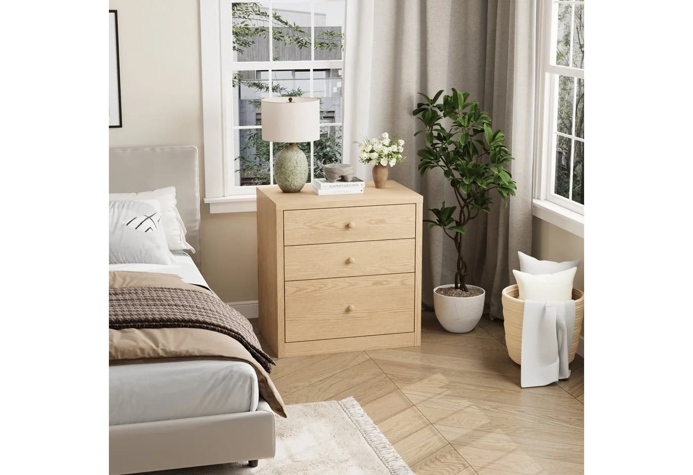 FUFU&GAGA Nachttisch mit 3 Schubladen und Geheimfach Beige MDF - Bild 3