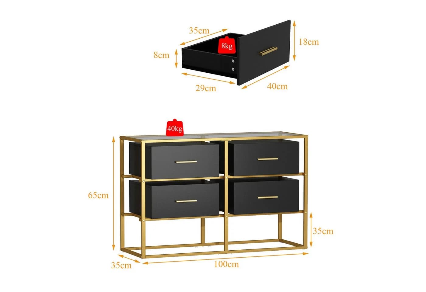 FUFU&GAGA Glas-Sideboard Schwarz-Gold Kommode MDF & Glas - Bild 4