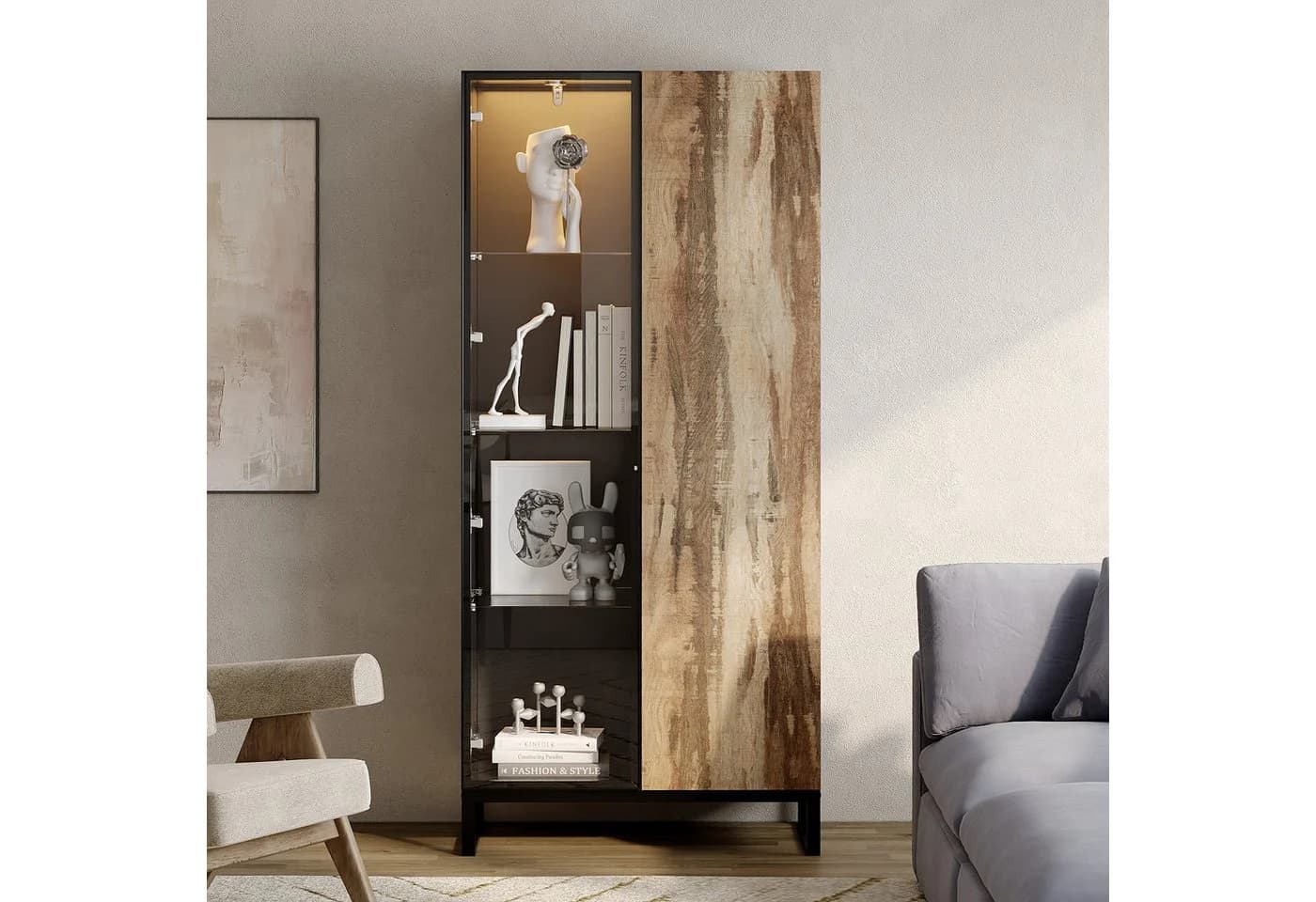 FUFU&GAGA Glasvitrine mit LED-Beleuchtung Schwarz Holzoptik - Bild 3