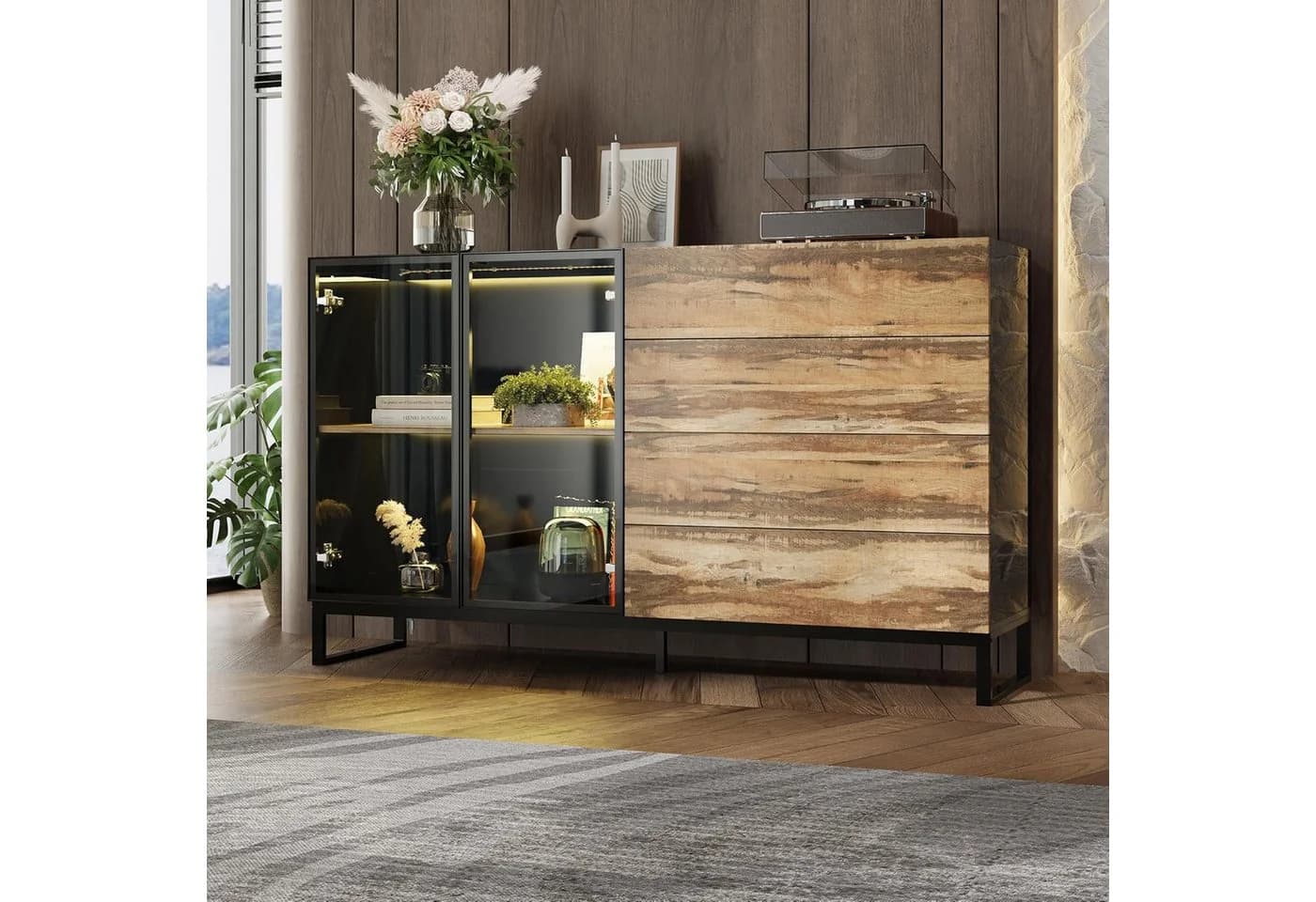 FUFU&GAGA Sideboard 160cm Schwarz Holz mit LED & Glasfront - Bild 2