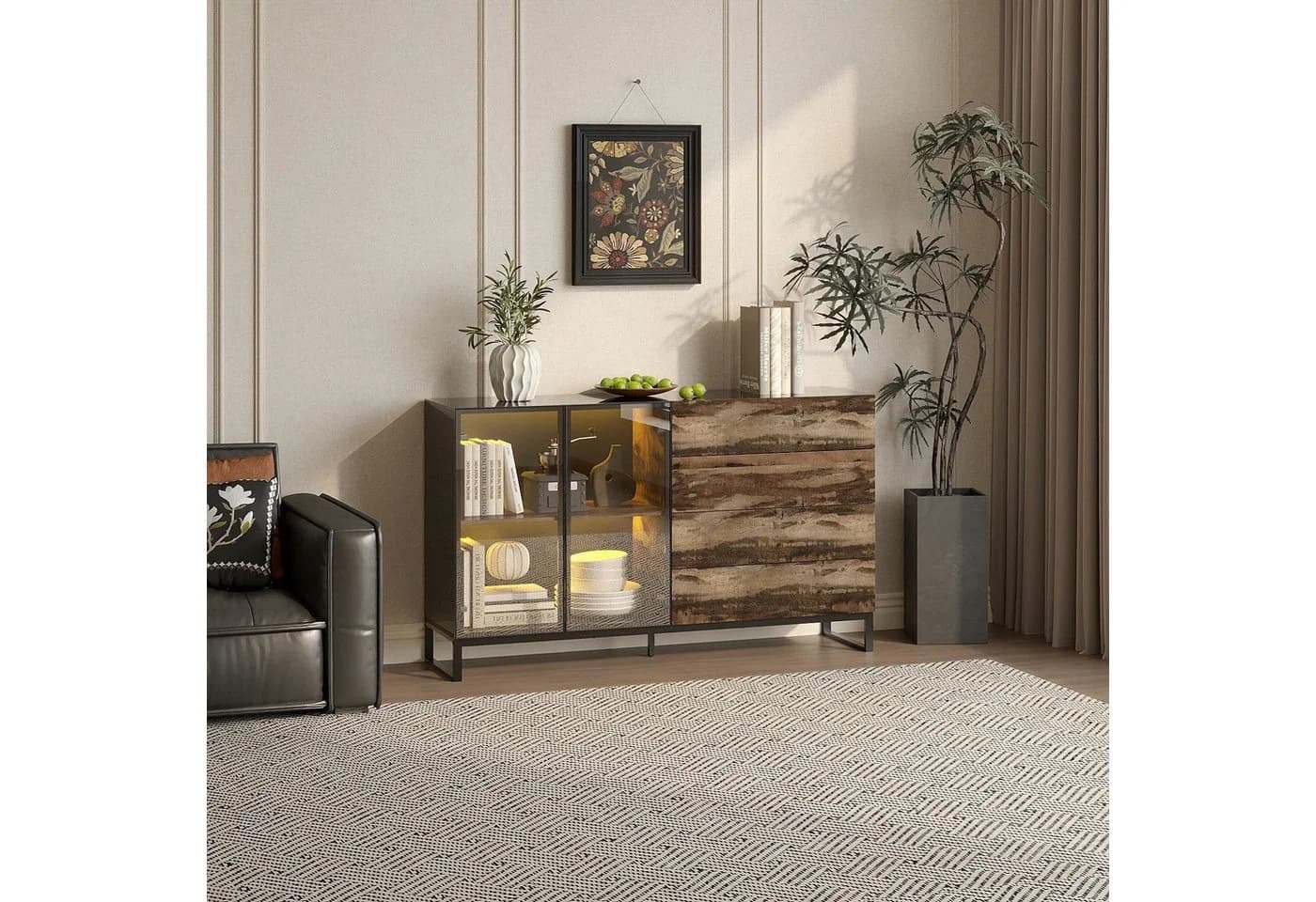 FUFU&GAGA Sideboard 160cm Schwarz Holz mit LED & Glasfront - Bild 3