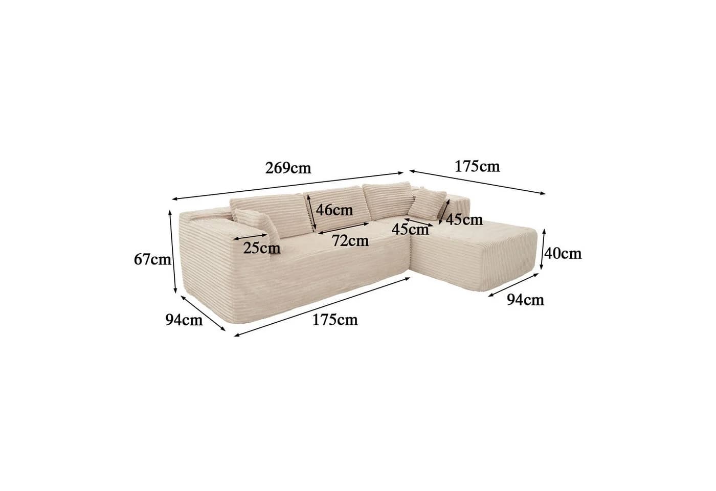 FUFU&GAGA Ecksofa Weiß mit breitem Lounger Stoff+Schaum - Bild 3