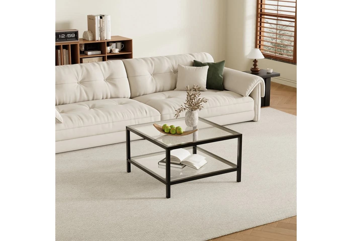 FUFU&GAGA Couchtisch Zweistufig mit Stauraum Schwarz Glas Metall