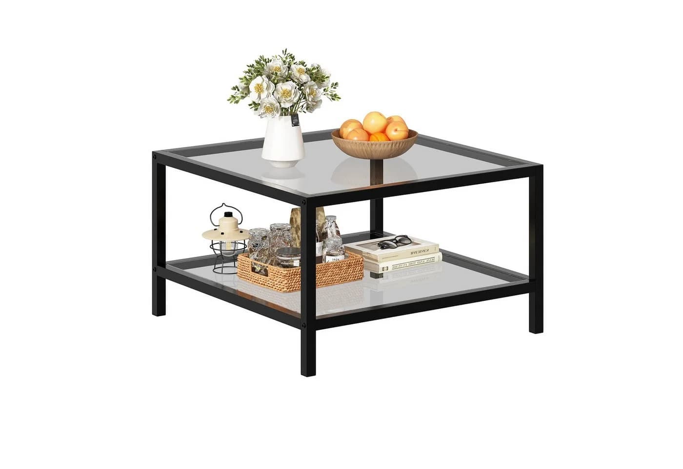 FUFU&GAGA Couchtisch Zweistufig mit Stauraum Schwarz Glas Metall - Bild 2