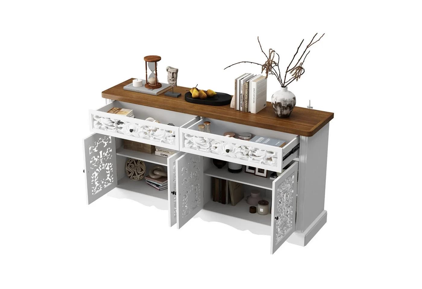 FUFU&GAGA Sideboard mit Schnitzmuster Buffet-Schrank weiß HDF