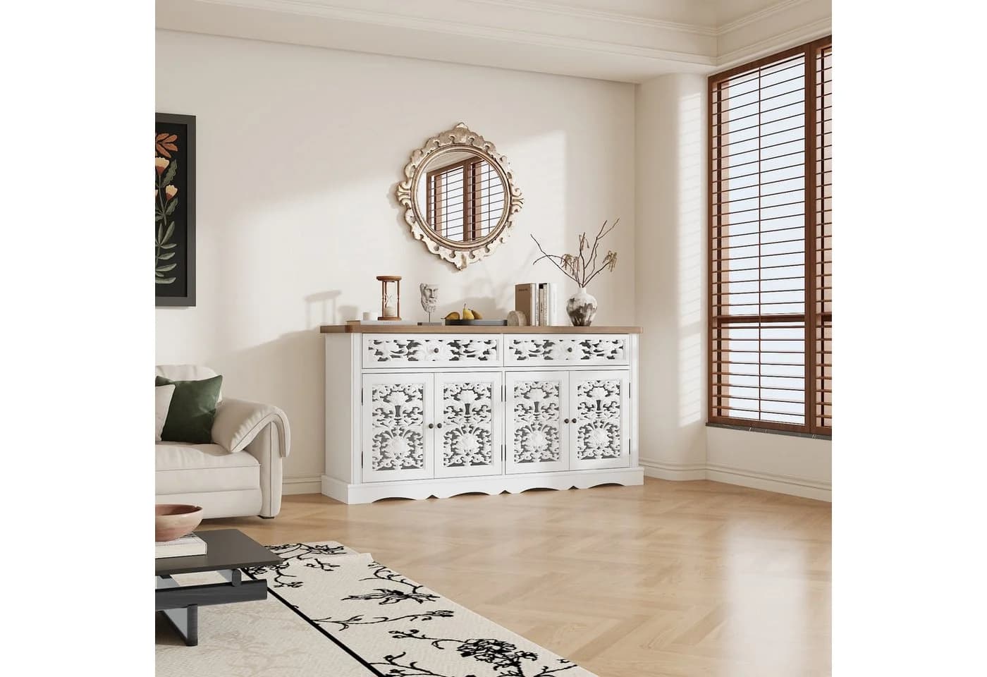 FUFU&GAGA Sideboard mit Schnitzmuster Buffet-Schrank weiß HDF - Bild 3