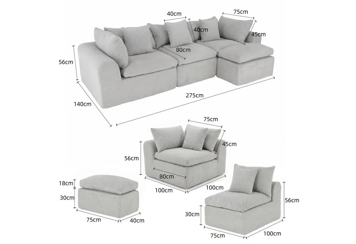 FUFU&GAGA Ecksofa Modulares Wolken-Sofa mit Armlehnen, Bouclé, hellgrau - Bild 4