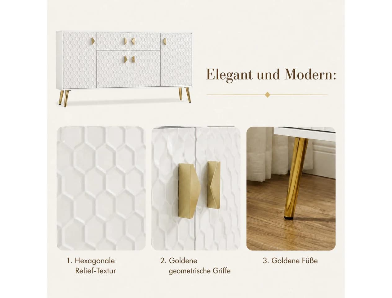 FUFU&GAGA Sideboard 160cm Weiß 3D Waben Design - Bild 5