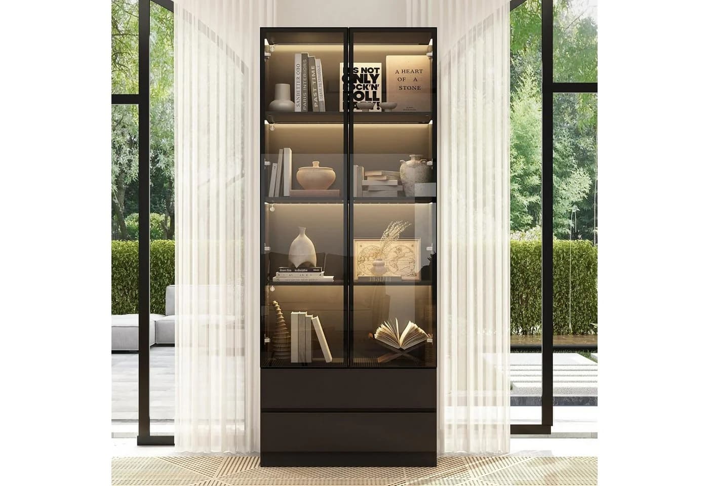 FUFU&GAGA Glasvitrine mit LED-Beleuchtung und Schubladen Schwarz - Bild 2