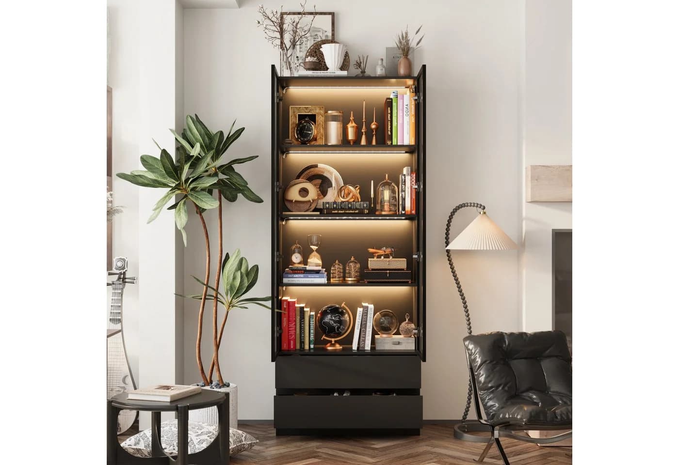 FUFU&GAGA Glasvitrine mit LED-Beleuchtung und Schubladen Schwarz - Bild 4