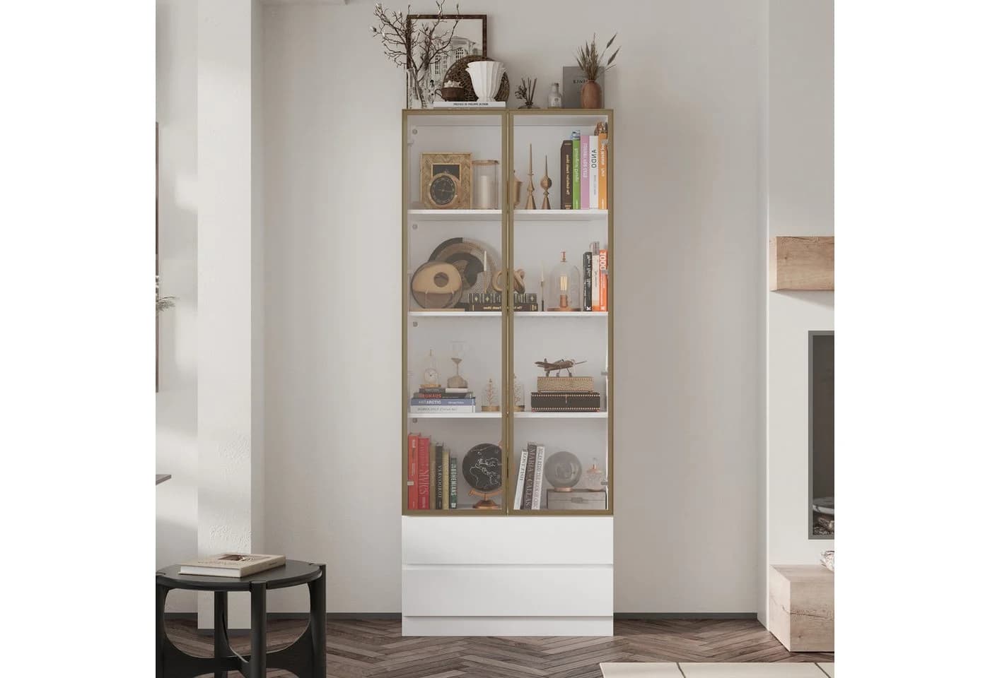 FUFU&GAGA Glasvitrine mit LED 200cm Weiss Schwarz Glastüren Schubladen - Bild 3