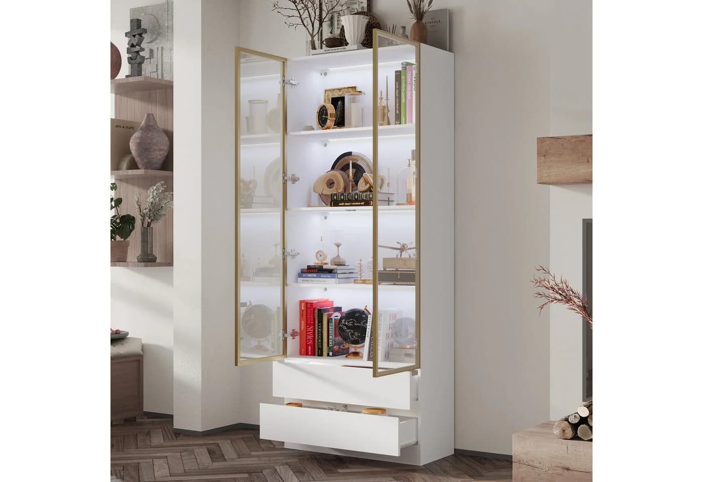 FUFU&GAGA Glasvitrine mit LED 200cm Weiss Schwarz Glastüren Schubladen - Bild 4