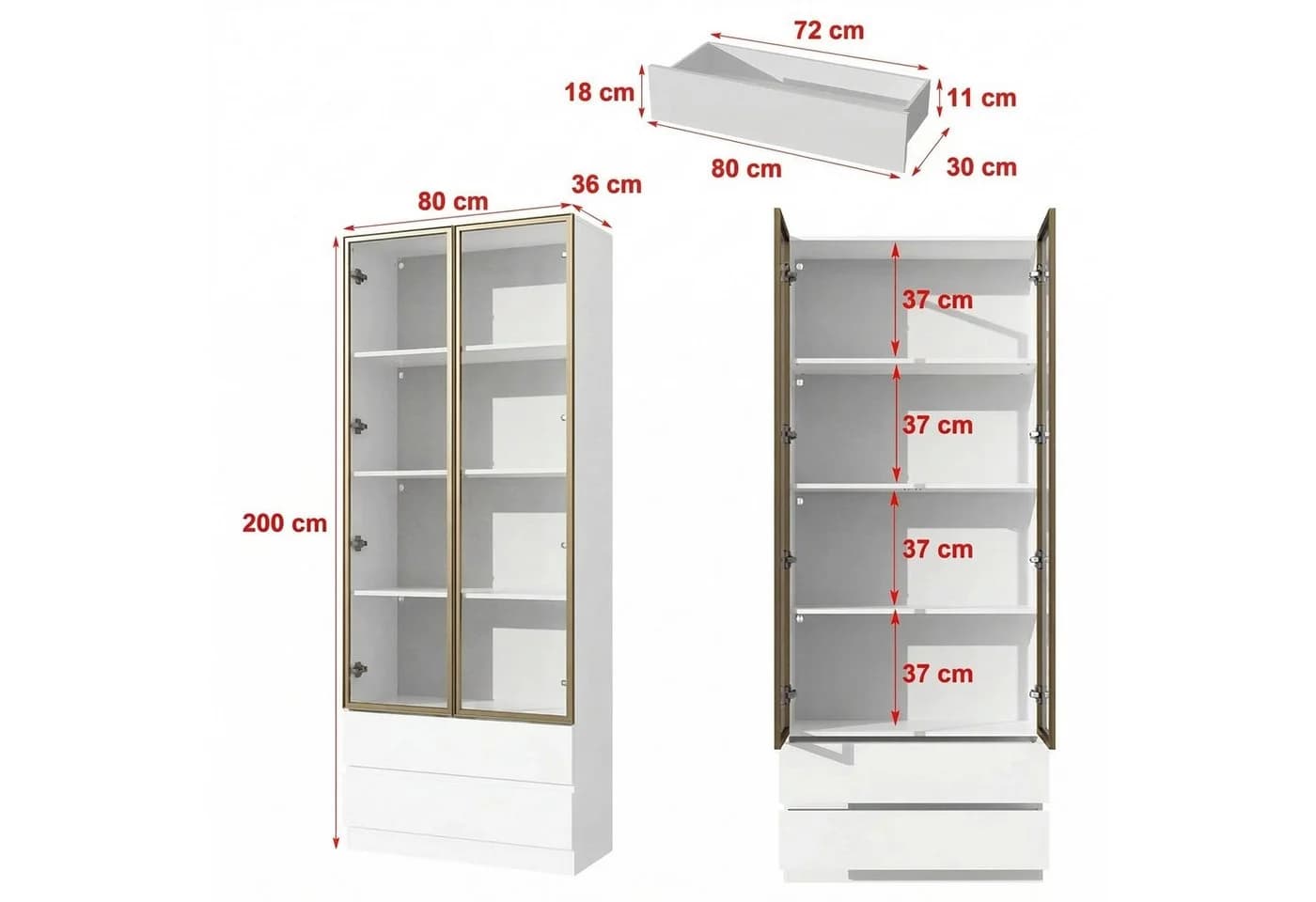 FUFU&GAGA Glasvitrine mit LED 200cm Weiss Schwarz Glastüren Schubladen - Bild 5
