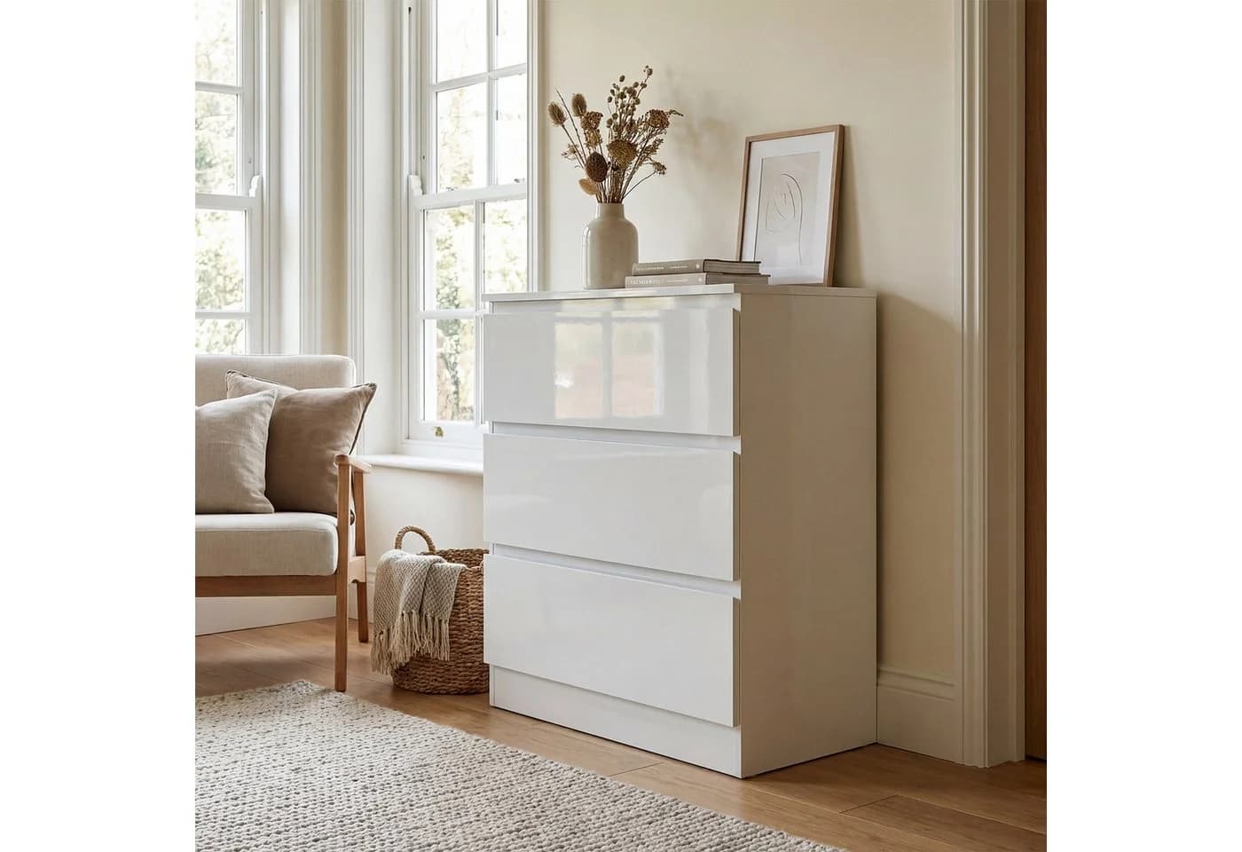 FUFU&GAGA Kommode Hochglanz Weiß 3 Schubladen grifflos Sideboard - Bild 2