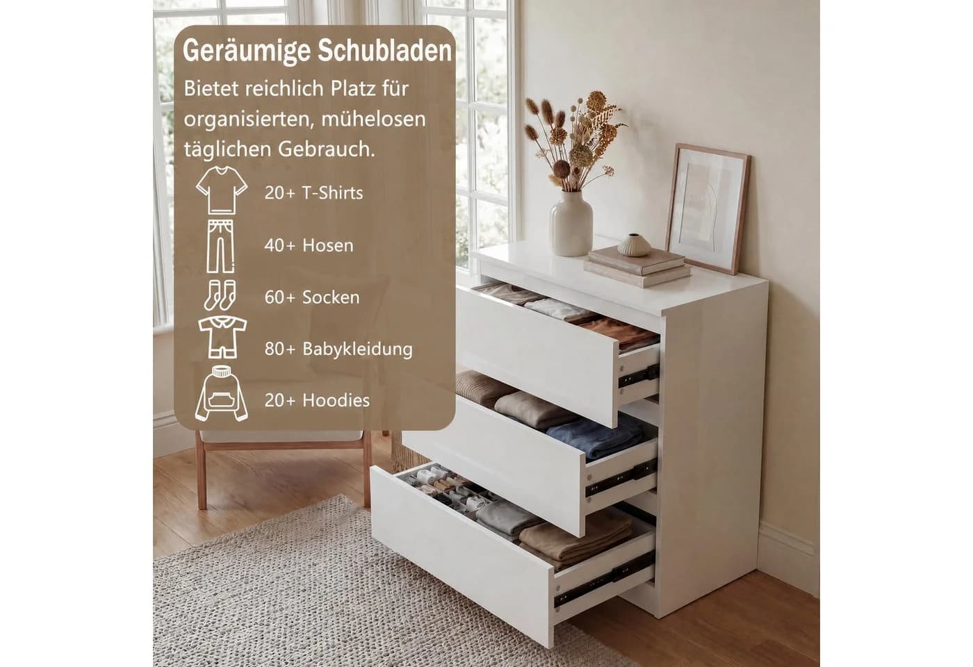 FUFU&GAGA Kommode Hochglanz Weiß 3 Schubladen grifflos Sideboard - Bild 5