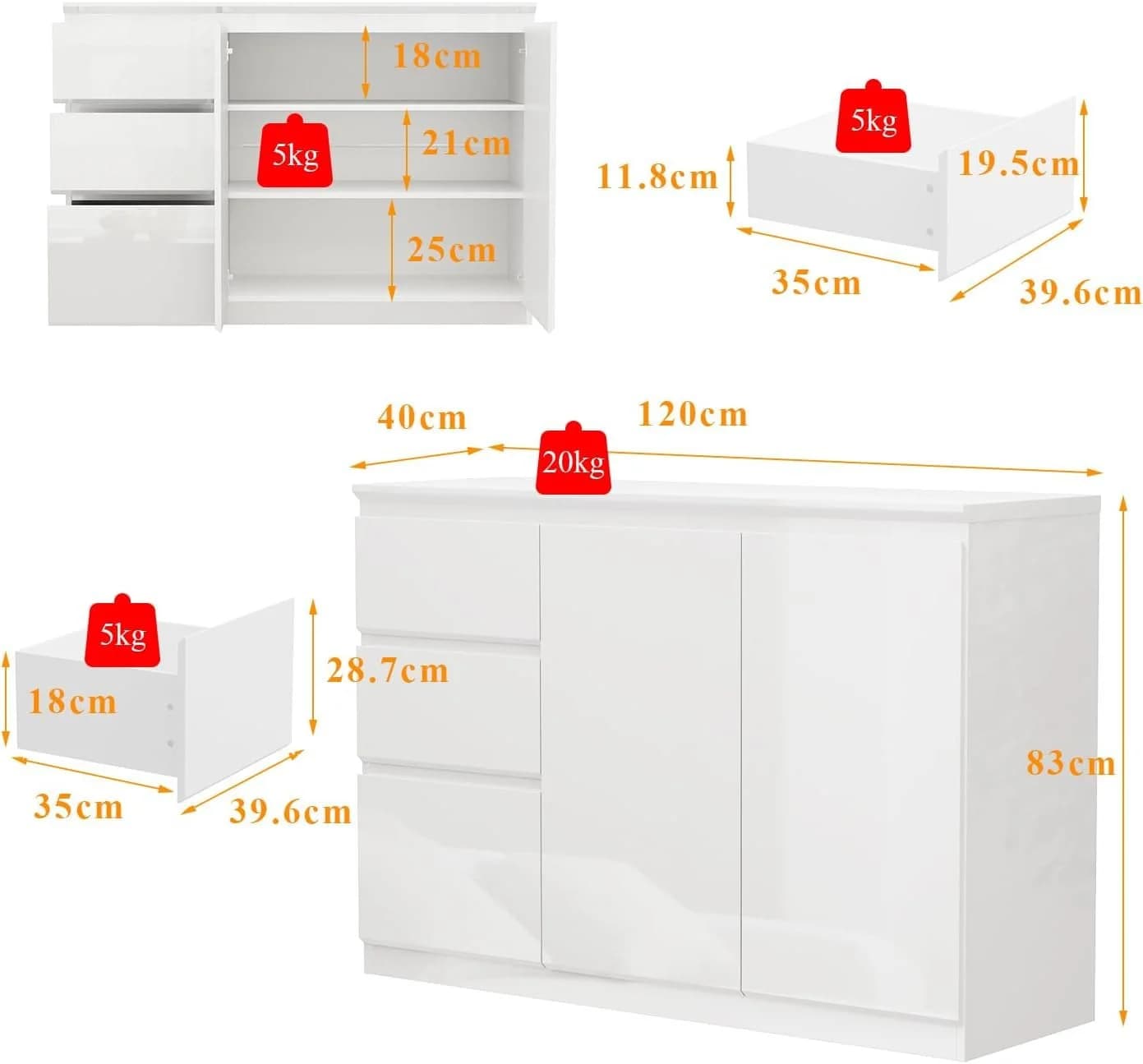 FUFU&GAGA Sideboard Weiß PET Hochglanz LED Kommode grifflos - Bild 4