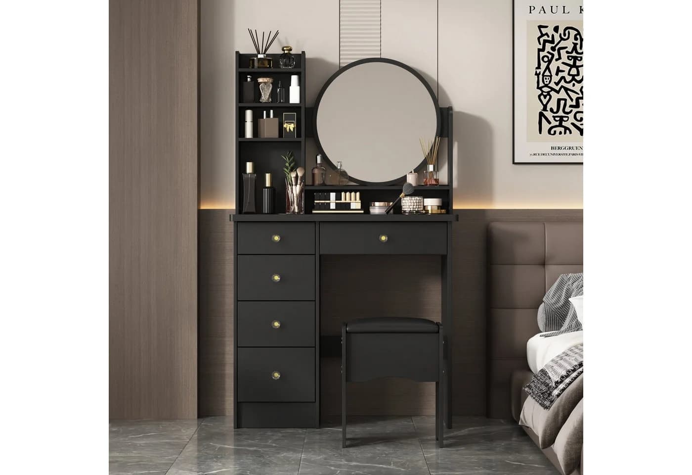 FUFU&GAGA Schminktisch mit LED und Hocker, 5 Schubladen, Vintage Design Schwarz