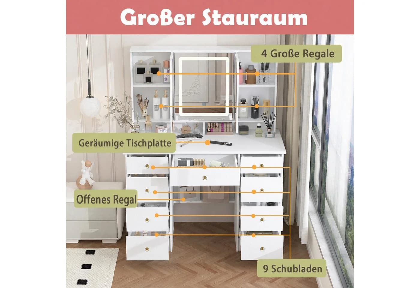 FUFU&GAGA Schminktisch XL 110cm mit 9 Schubladen und 3 Spiegeln Weiß - Bild 3
