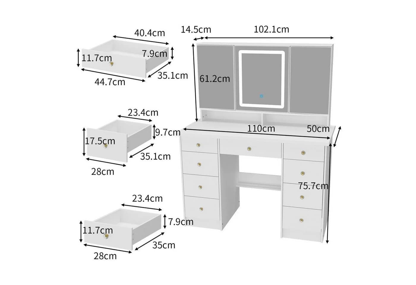 FUFU&GAGA Schminktisch XL 110cm mit 9 Schubladen und 3 Spiegeln Weiß - Bild 4