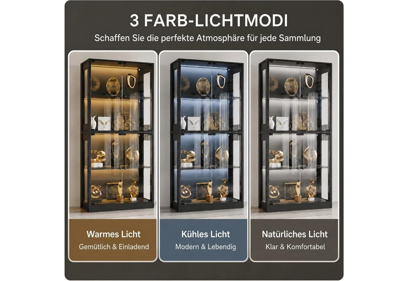 FUFU&GAGA Glasvitrine 165cm mit 3-Farben LED Beleuchtung Schwarz - Bild 3