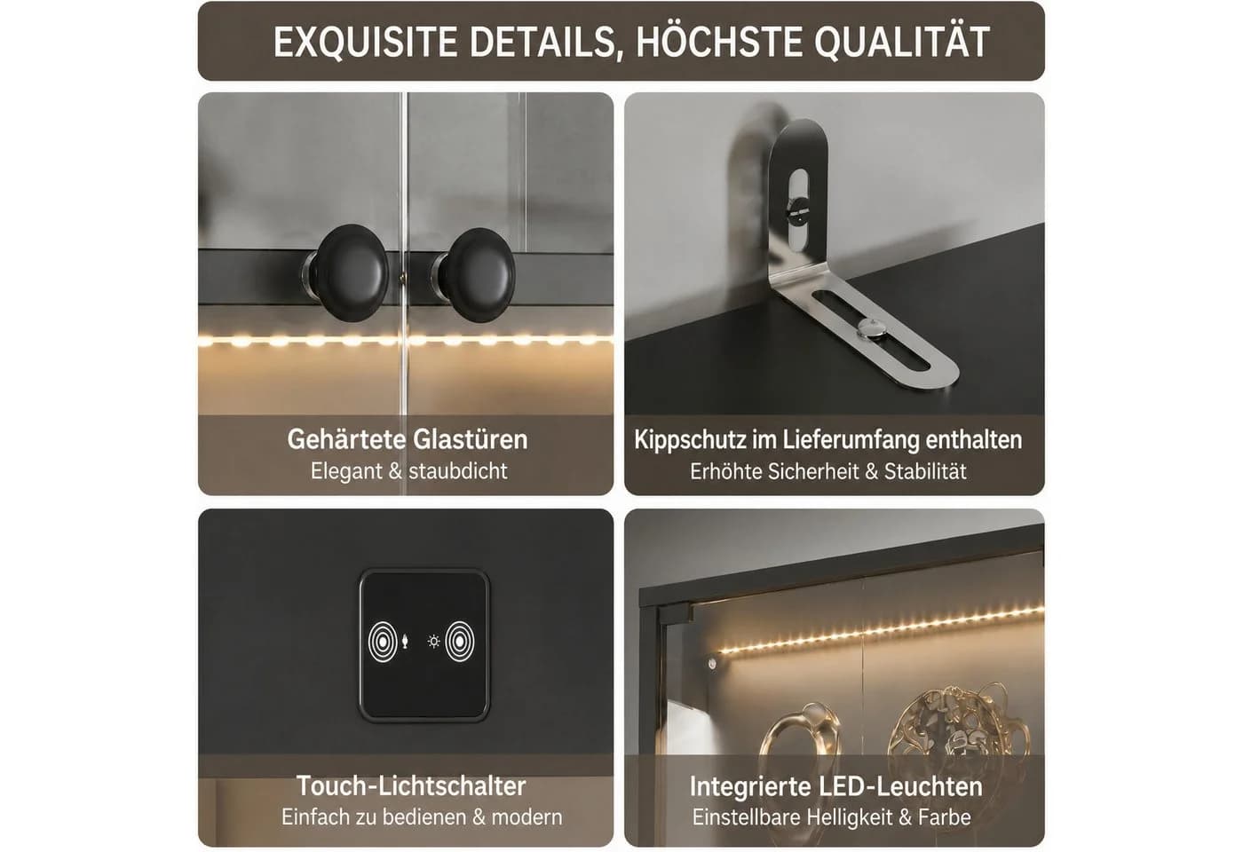 FUFU&GAGA Glasvitrine 165cm mit 3-Farben LED Beleuchtung Schwarz - Bild 5
