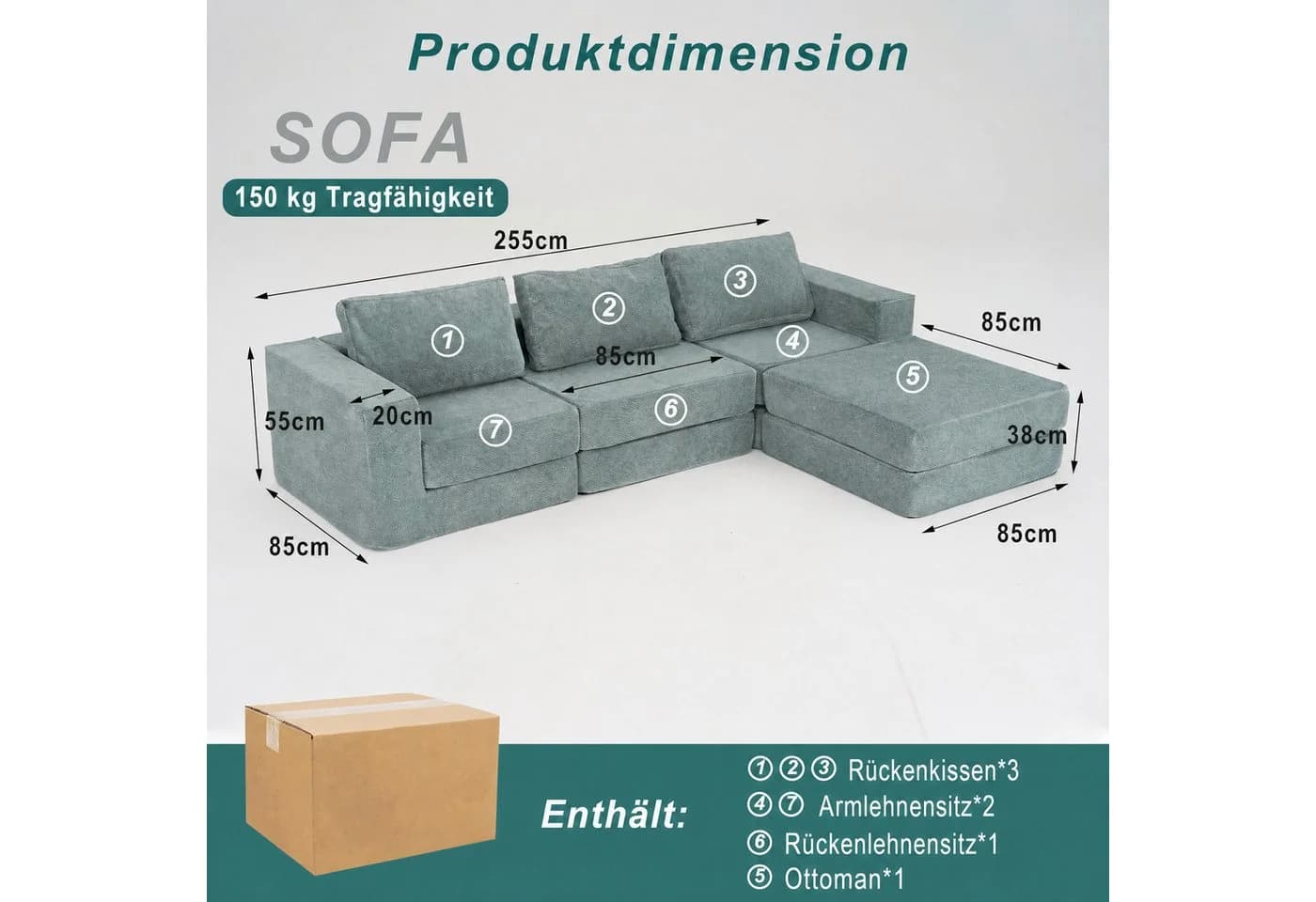 FUFU&GAGA Ecksofa L-Form Cloud Chenille Blaugrün Modular - Bild 4