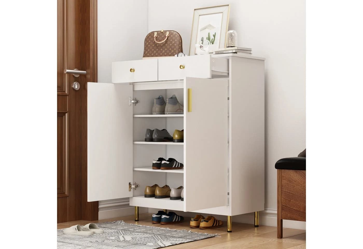 FUFU&GAGA Schuhschrank Weiß Gold mit 2 Schubladen und Türen - Bild 3