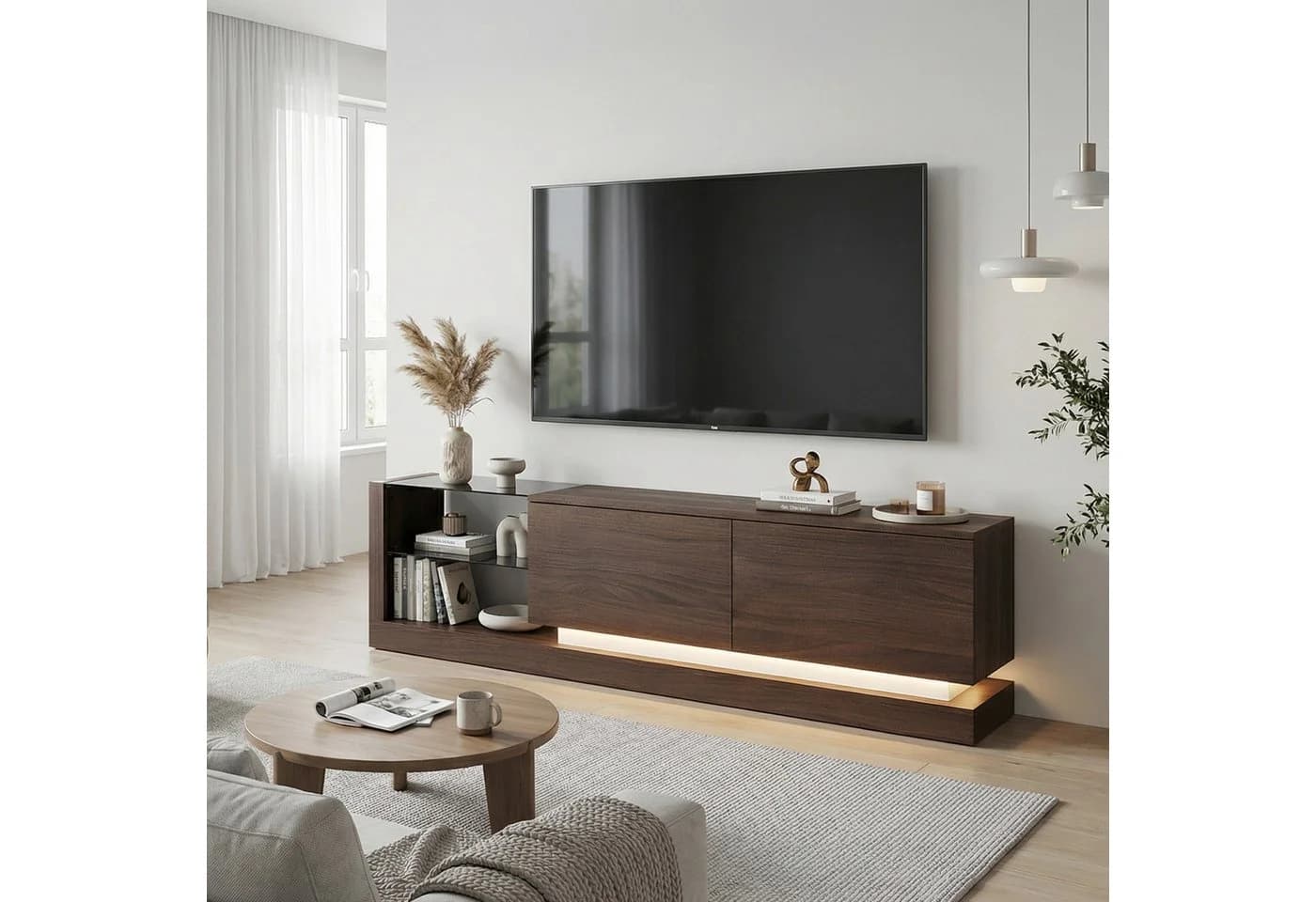 FUFU&GAGA Lowboard 160 cm mit LED-Beleuchtung und Glasböden Walnussfarbe - Bild 2