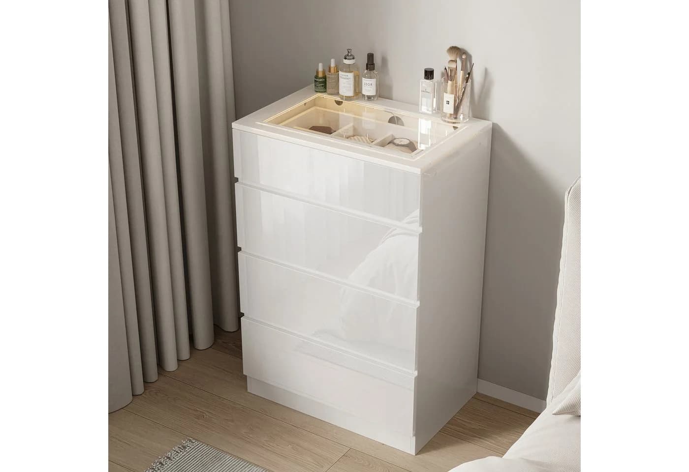 FUFU&GAGA Schmuckschrank Kommode Weiß Hochglanz mit LED-Beleuchtung