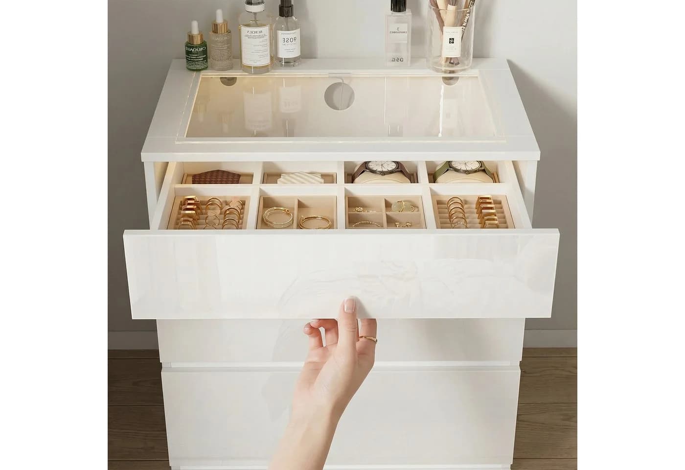 FUFU&GAGA Schmuckschrank Kommode Weiß Hochglanz mit LED-Beleuchtung - Bild 5