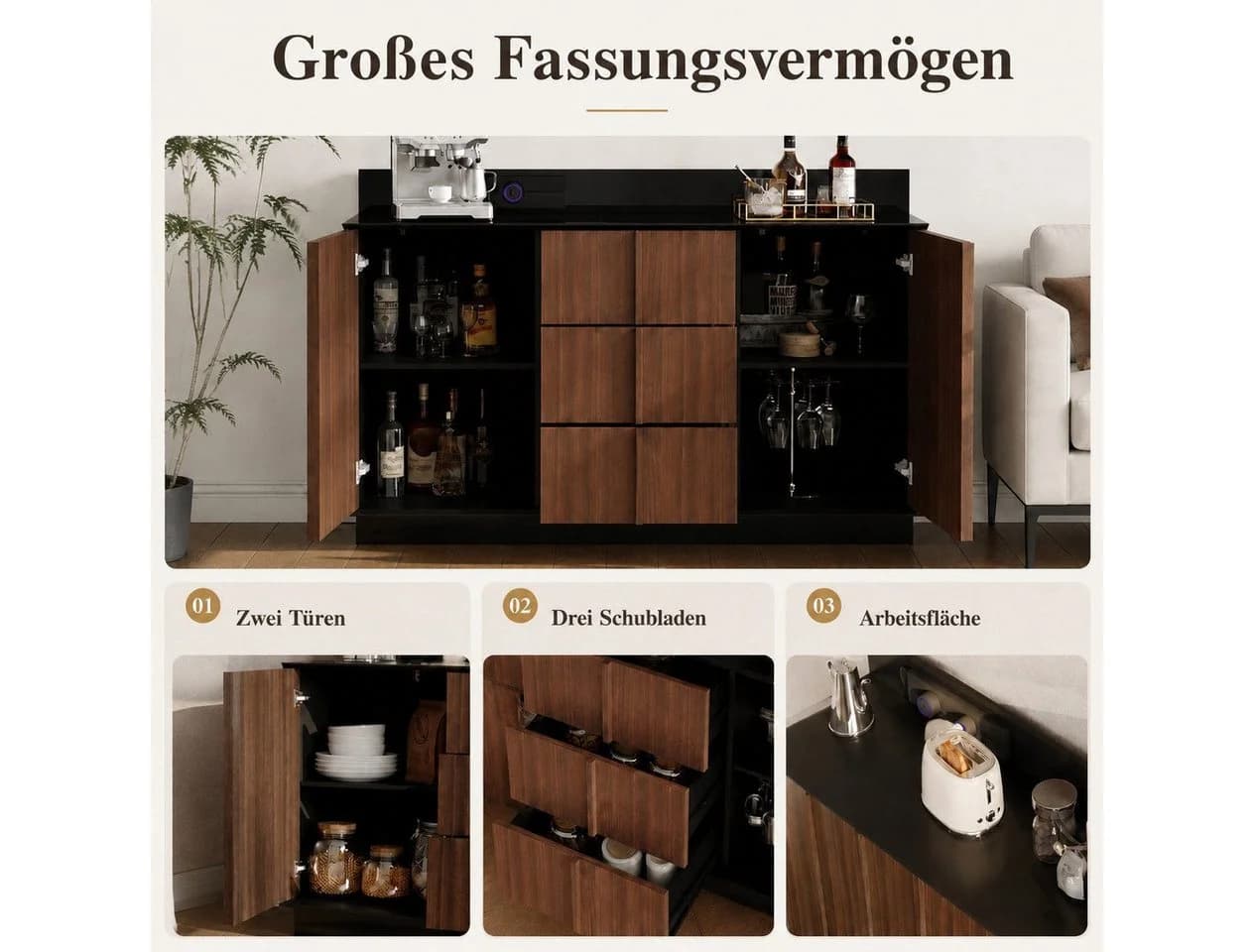 FUFU&GAGA Sideboard 150cm Braun Schwarz mit Stromschienen-System - Bild 4