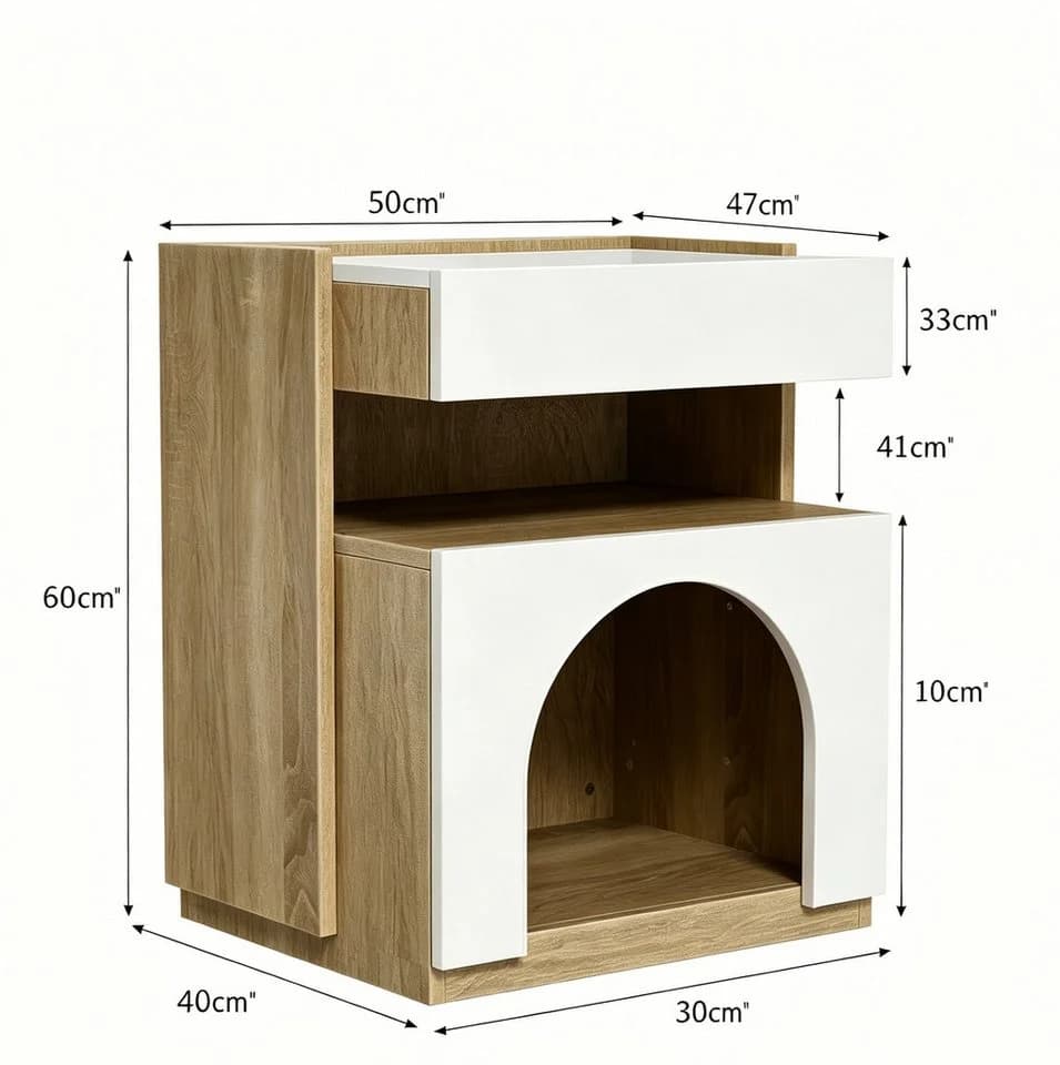 FUFU&GAGA Nachttisch Weiß Eiche mit Katzenhöhle, 2-in-1 Beistelltisch modern - Bild 4