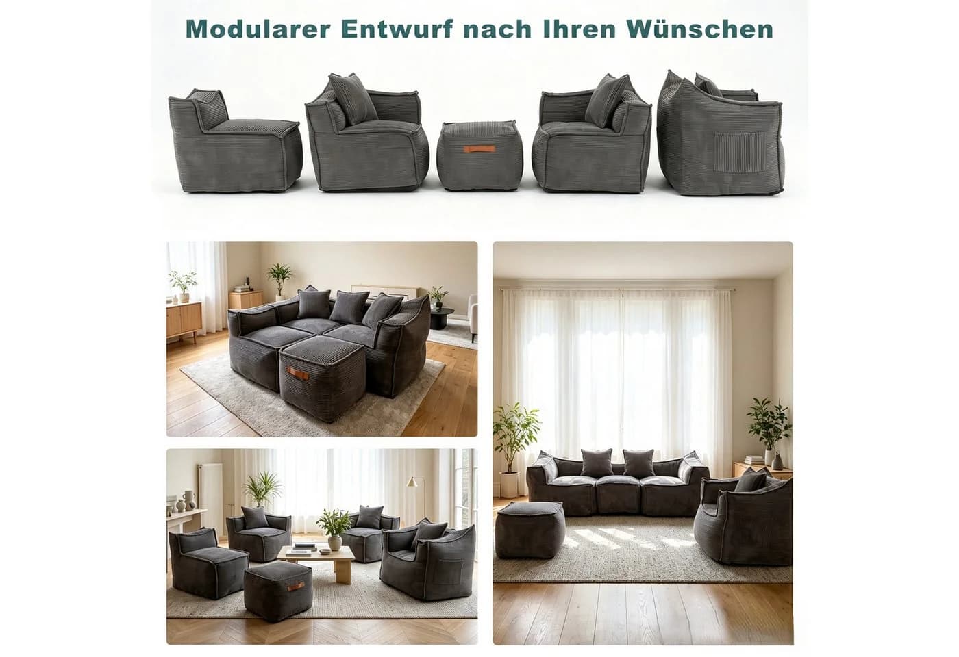FUFU&GAGA Ecksofa Modulares Sofa Set 5-Sitzer Cloud Sofa Cord Grau - Bild 4