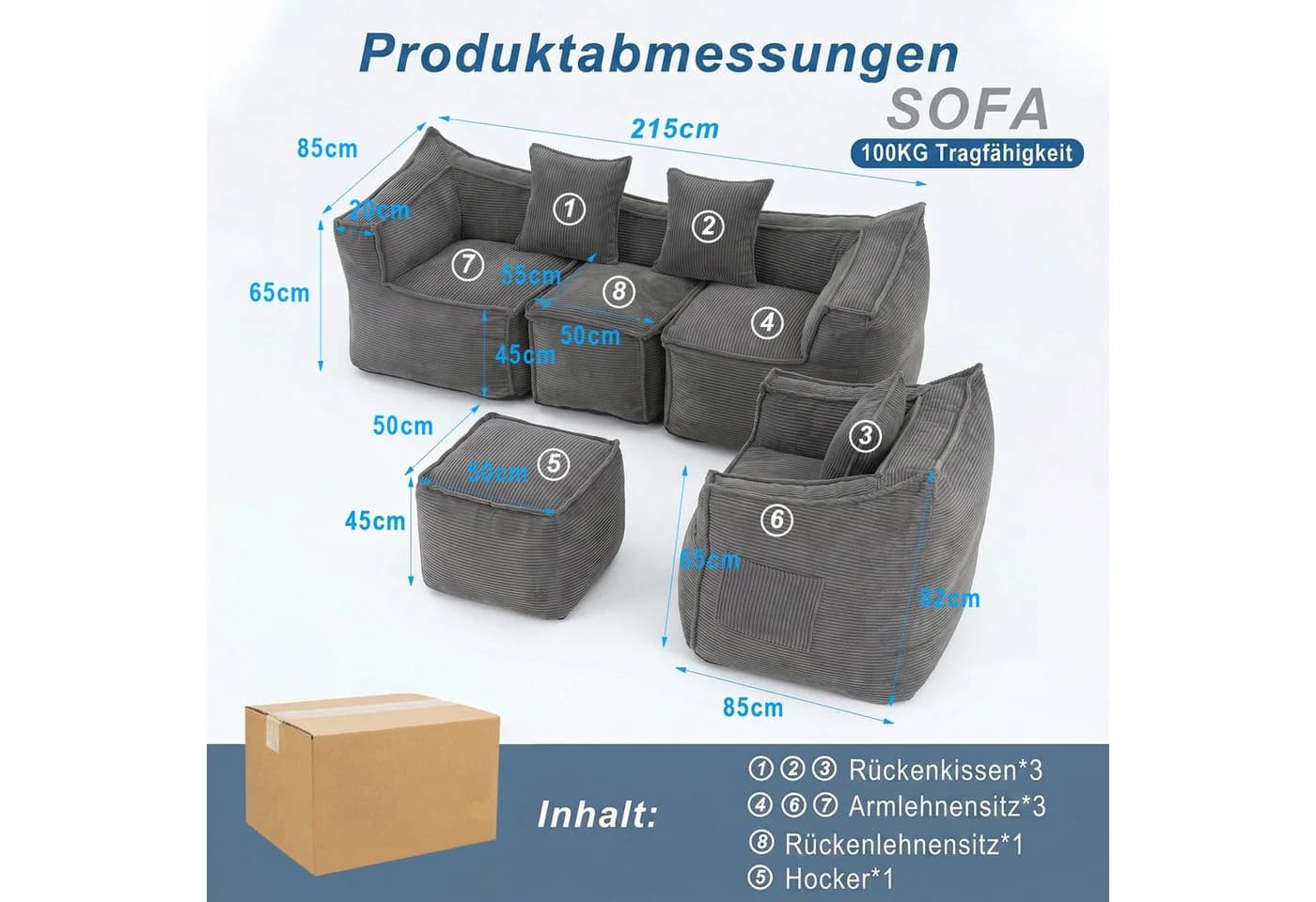 FUFU&GAGA Ecksofa Modulares Sofa Set 5-Sitzer Cloud Sofa Cord Grau - Bild 5