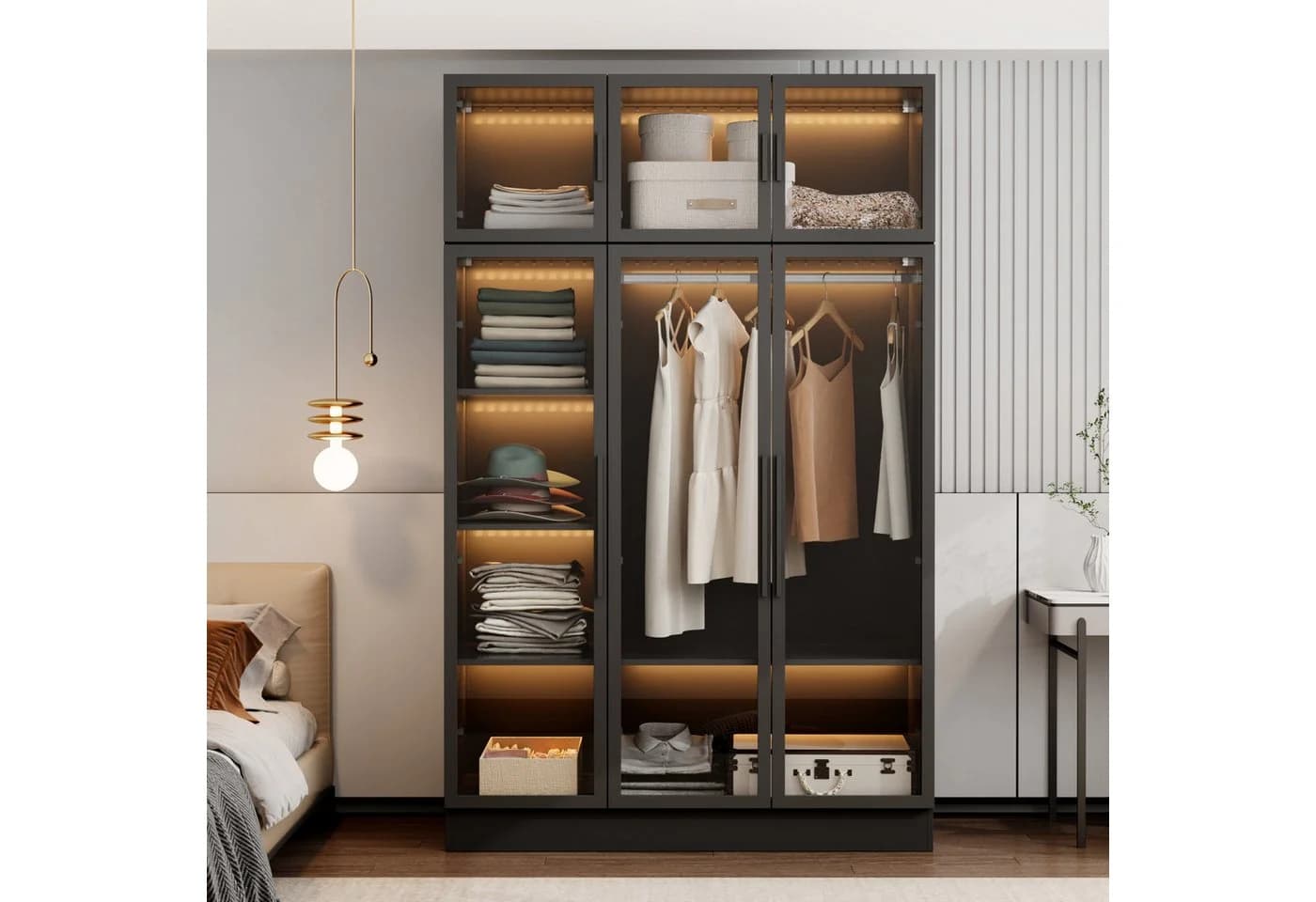FUFU&GAGA Kleiderschrank 6 Türen Schwarz Glas LED Beleuchtung - Bild 2