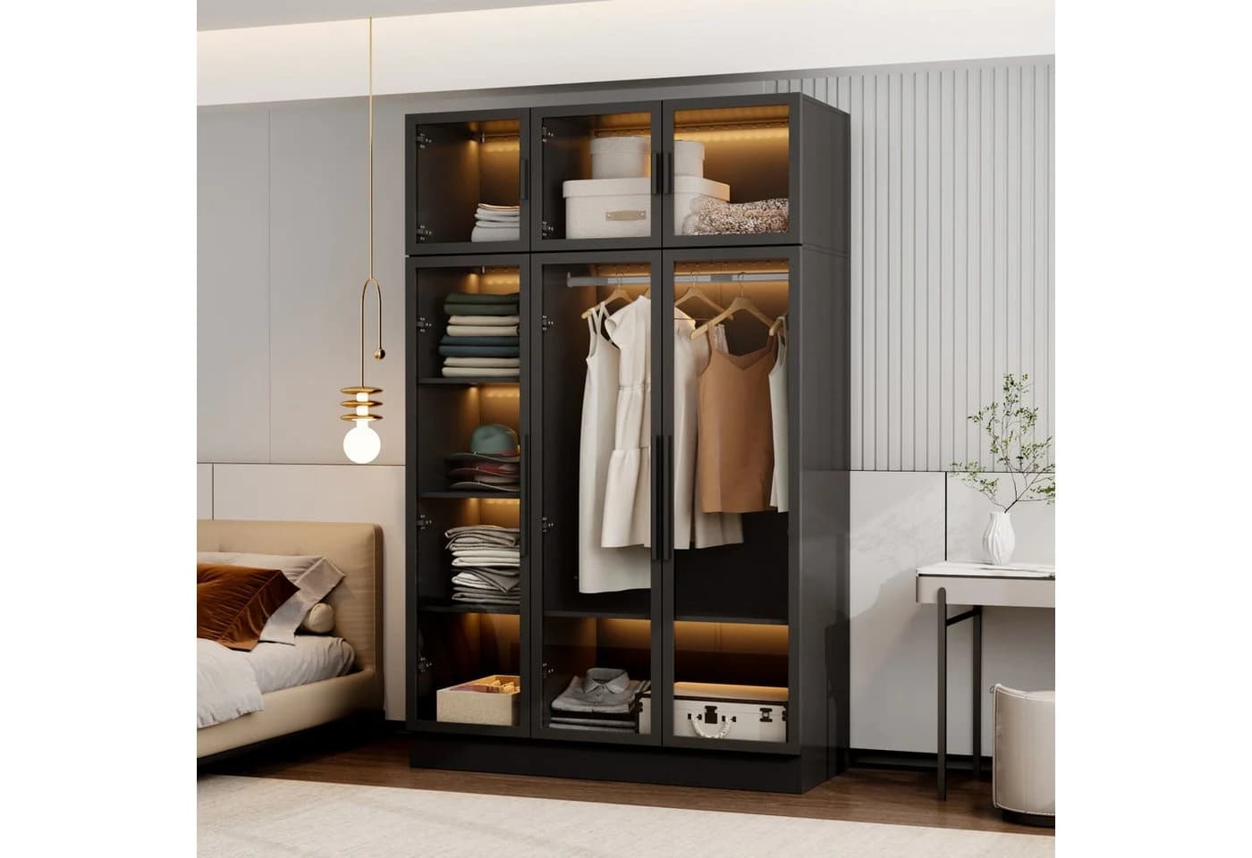 FUFU&GAGA Kleiderschrank 6 Türen Schwarz Glas LED Beleuchtung - Bild 3