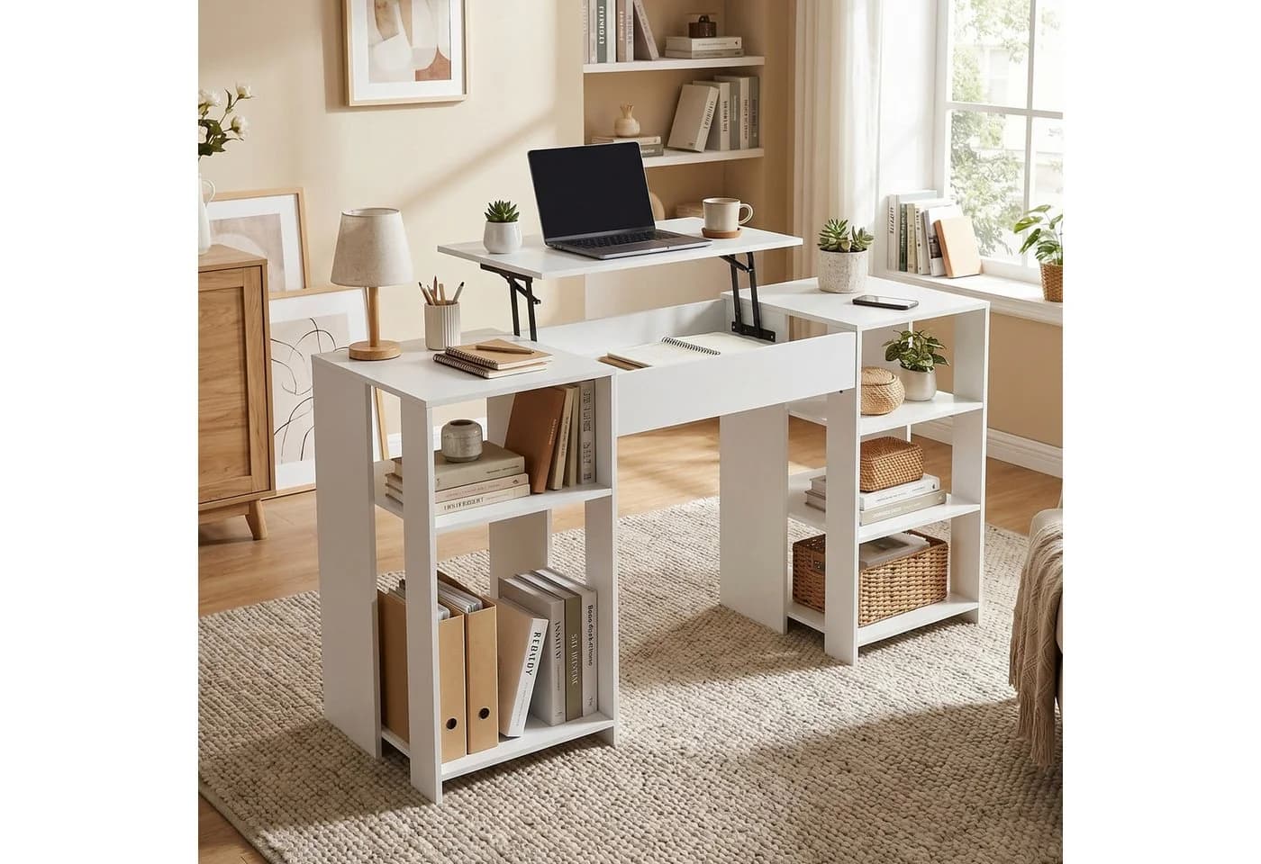 FUFU&GAGA Schreibtisch mit Lift-Top Funktion 140 cm Computertisch weiß mit Regal - Bild 2