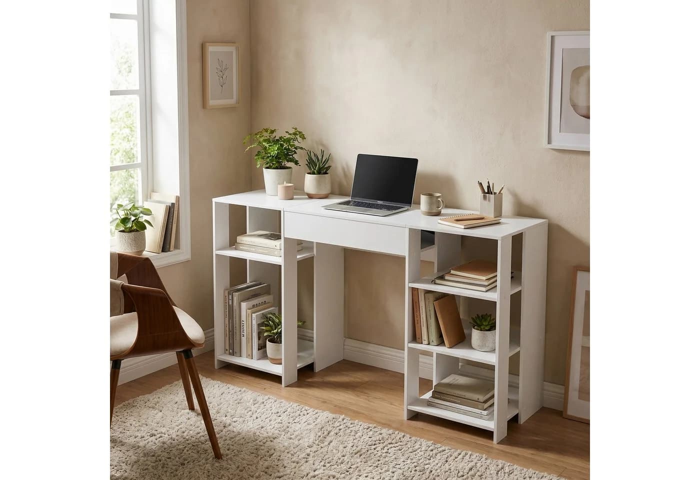 FUFU&GAGA Schreibtisch mit Lift-Top Funktion 140 cm Computertisch weiß mit Regal - Bild 3