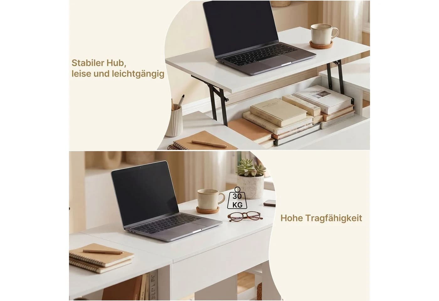 FUFU&GAGA Schreibtisch mit Lift-Top Funktion 140 cm Computertisch weiß mit Regal - Bild 5