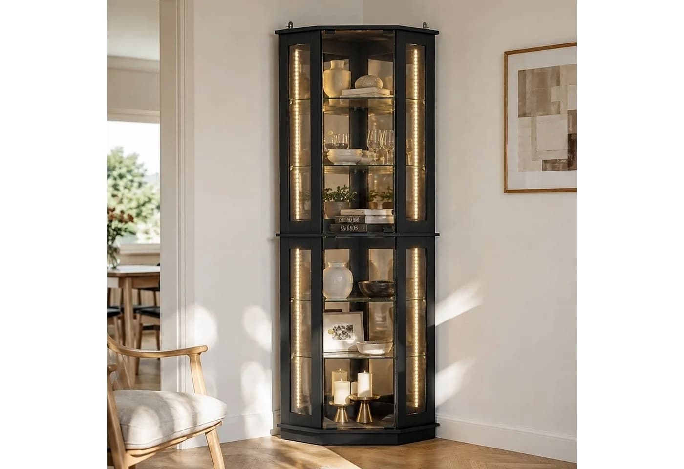FUFU&GAGA Eckvitrine Schwarz mit LED-Beleuchtung und Spiegel-Rückwand - Bild 2