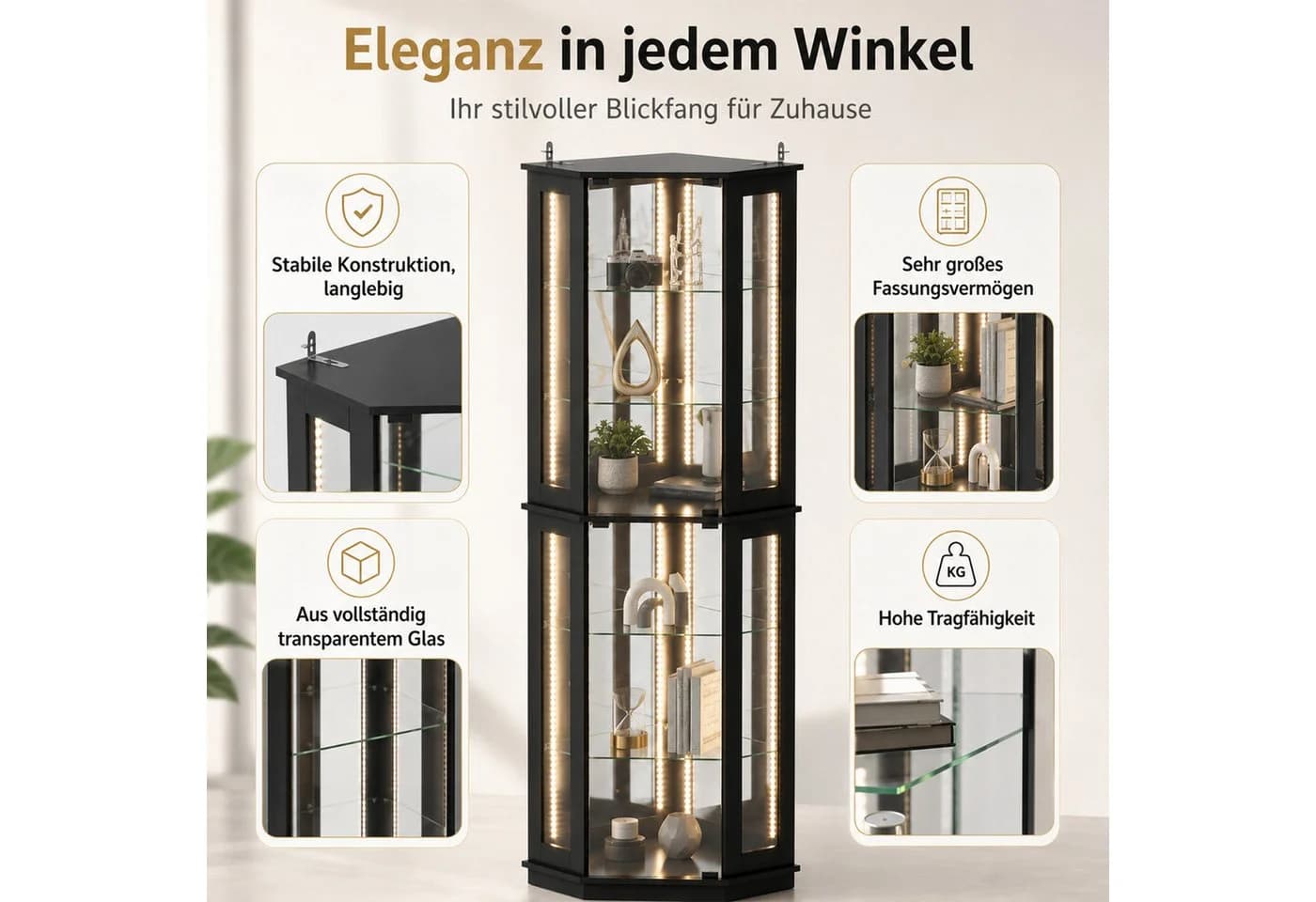 FUFU&GAGA Eckvitrine Schwarz mit LED-Beleuchtung und Spiegel-Rückwand - Bild 5
