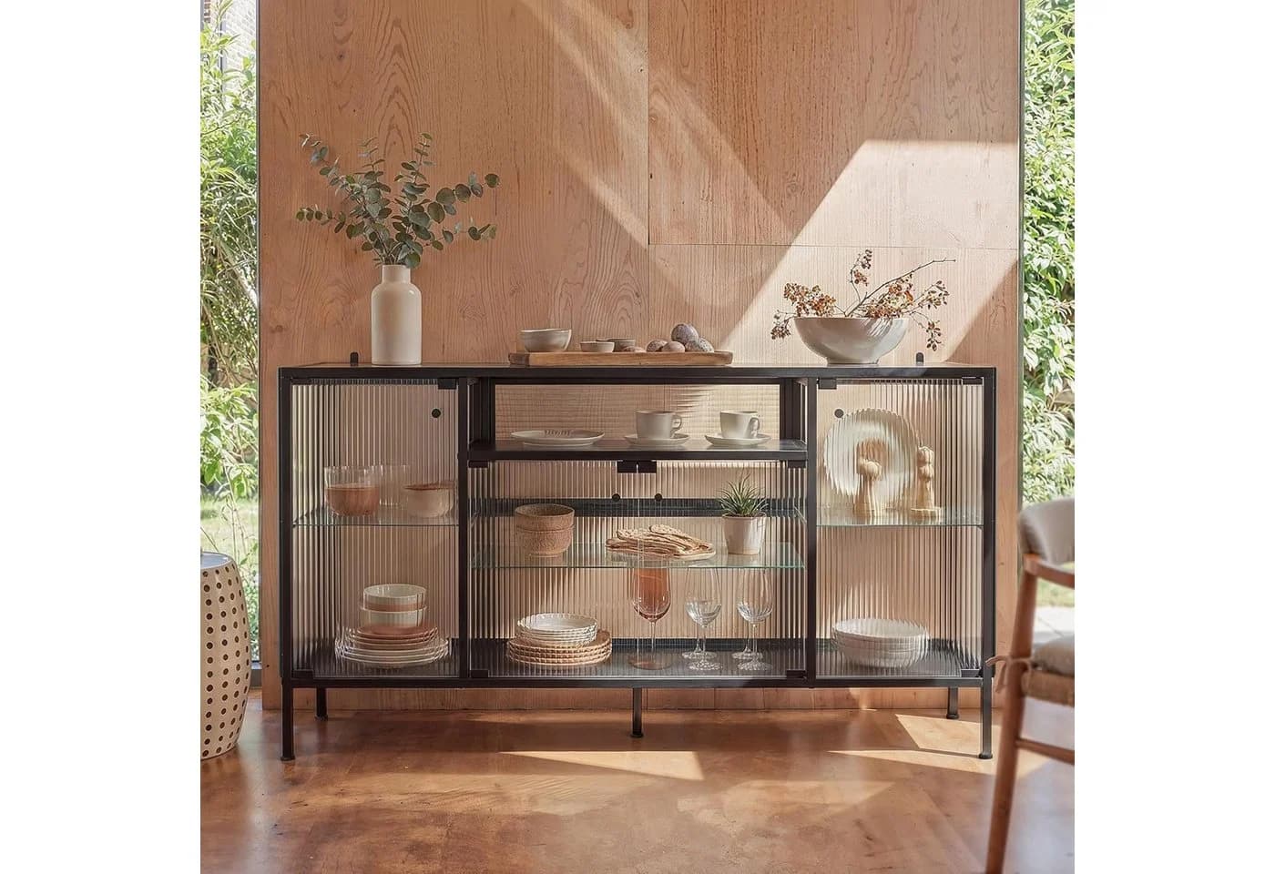 FUFU&GAGA Sideboard Glasvitrine mit 3-Farben-LED Beleuchtung